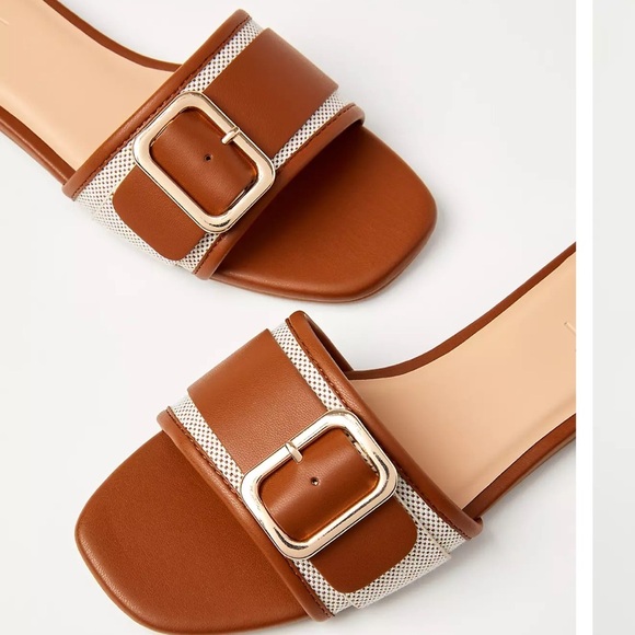 LOFT Classic Brown and Canvas Buckle Slide Sandals with Gold Buckle - Size 10.5 - Picture 1 of 12